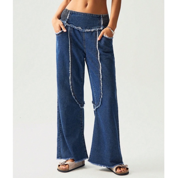 Dark Wash Frayed Detail Pockets Stretch Waist Wide Leg Pants - Picture 1 of 5